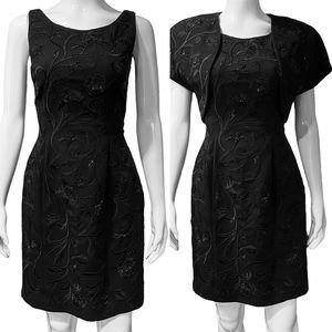 Carmen Marc Valvo Formal Black 2pc Sheath Dress Shrug Bolero Beads Women’s Sz 4